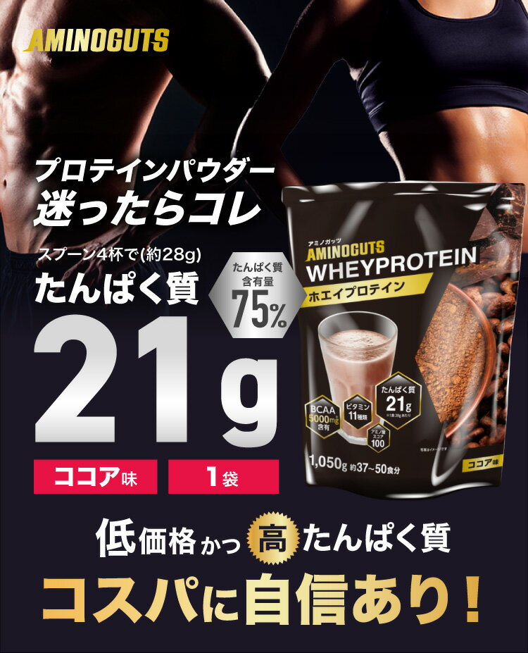 【1食あたり44円～】 プロテイン 約1kg 50食分 国内生産 高評価レビュー多数 送料無料 最安値に挑戦中 | ホエイプロテイン ココア バナナ ストロベリー ミルクチョコ 抹茶 1050g 1キロ タンパク質 ダイエット アミノ酸 筋トレ アミノガッツ BODYON