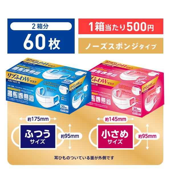 1000円ポッキリ 送料無料 リブふわW プレミアム マスク 不織布 60枚( 30枚入り x2箱 ) 小さめ 個包装 | 耳ひも幅約6mm オメガ構造 ダブルワイヤー 訳あり *箱潰れ リブ リブふわ リブラボ りぶらぼ りぶふわ メガネ 曇らない ノーズスポンジ 4580101205079