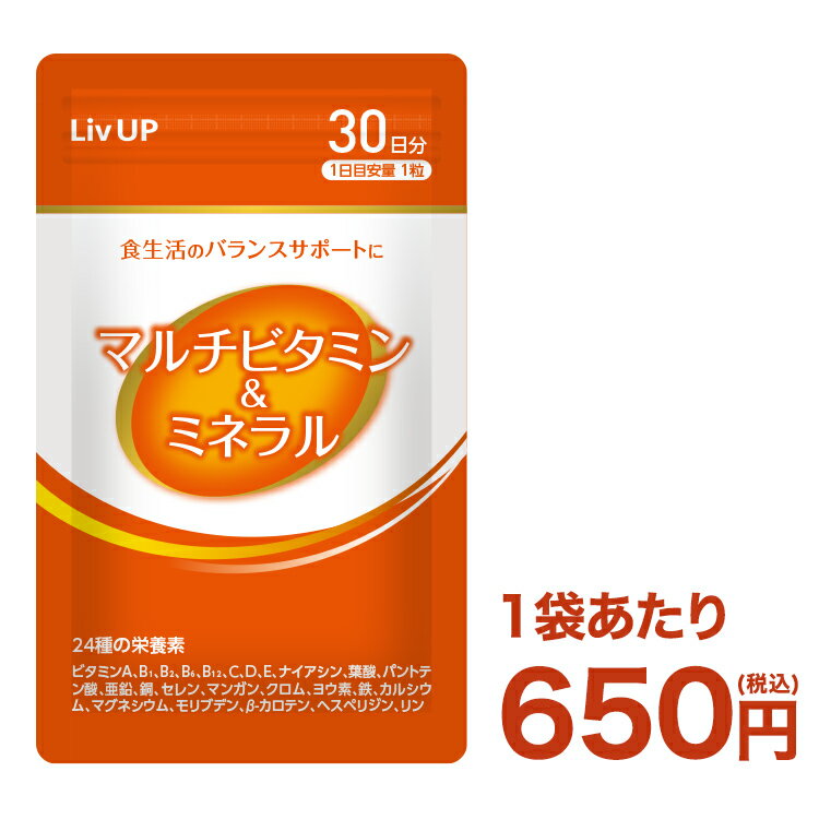 マルチビタミン＆ミネラル サプリ 30粒 30日目安 送料無料 | ビタミンA B1 B2 B6 B12 C D E ナイアシン 葉酸 パントテン酸 亜鉛 銅 セレン マンガン クロム ヨウ素 鉄 カルシウム マグネシウム…