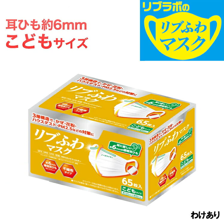 2340枚分 リブふわマスク こどもサイズ 耳ひも幅約6mm マスク 子どもマスク 不織布マスク 訳あり *箱潰れ 子供用 65枚入り 36箱 かぜ 花粉 ハウスダスト PM2.5 プリーツタイプ 極幅耳ひも約6mm リブラボのリブふわマスク 4580101205383