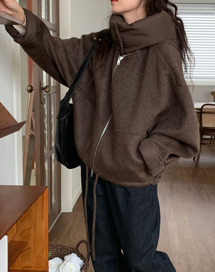ブルゾン レディース 春 秋 長袖 アウター ジャケット フード付き 切り替え 長袖 コート アウター 切り替えコート 羽織り トップス とろみコート ショート丈 着回し力 着痩せ 体型カバー シンプル カジュアル トレンドのサムネイル
