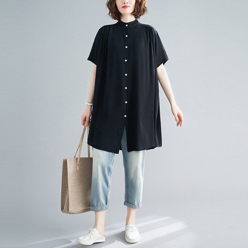 シャツワンピース シャツ ブラウス ロング 夏 シャツ ロング丈 チュニック ロングシャツ おしゃれ 半袖 チュニックワンピース 大人 おしゃれ 無地 ギャザー 前開き ボタン 春 夏 大きいサイズ Aライン 上着 はおり 羽織り 通勤 バンドカラー ブラック