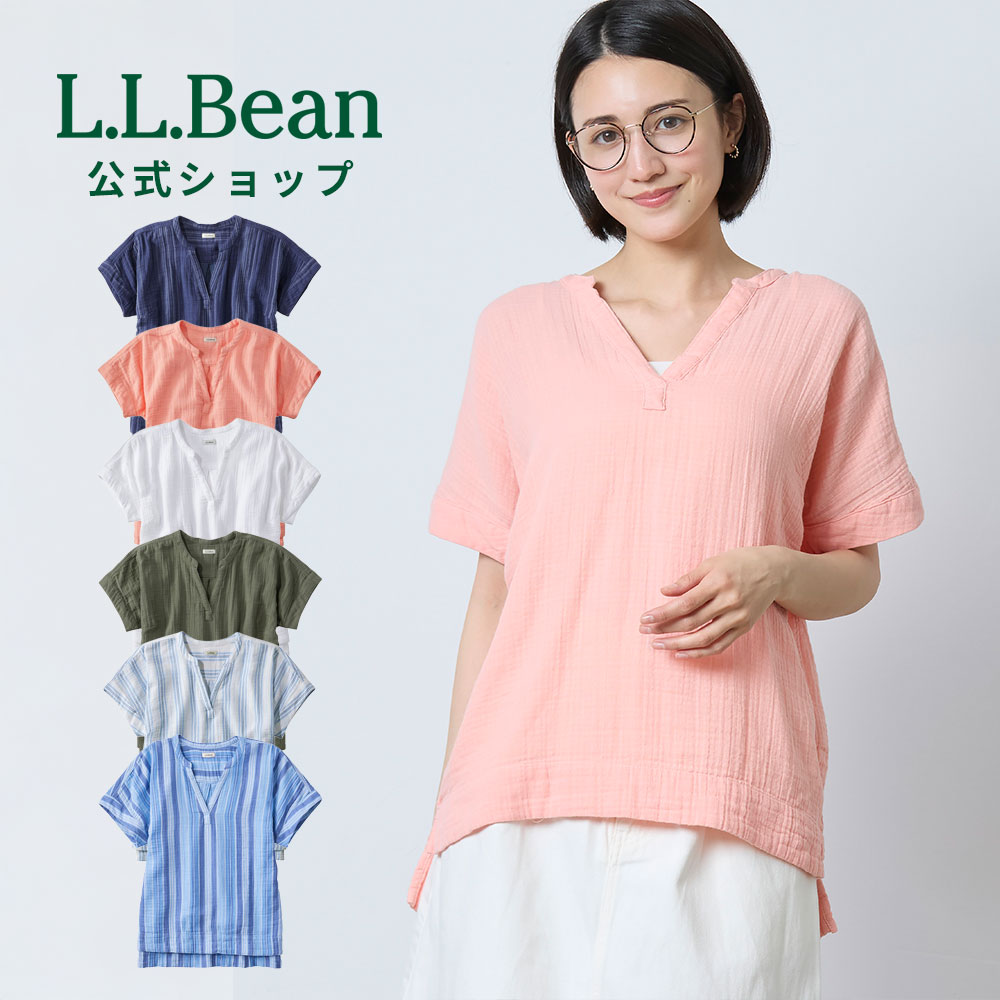 乐天商城 - 【公式】エルエルビーン クラウド ガーゼ シャツ 半袖 | 半袖シャツ ガーゼシャツ ブラウス レディース ウィメンズ アウトドア ブランド 綿100 コットン 夏 無地 ストライプ L.L.Bean LLBean llビーン llbeen 涼しい ガーゼ素材 vネック コットンシャツ 夏服 トップス 柄
