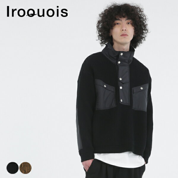 Iroquois イロコイ ブランド ハーフジップ ニット メンズ 異素材 タックボーダー コンビ プルオーバー セーター トップス 大人 長袖 おしゃれ カジュアル ミリタリー 服 ゆったり 大きめ ミド…