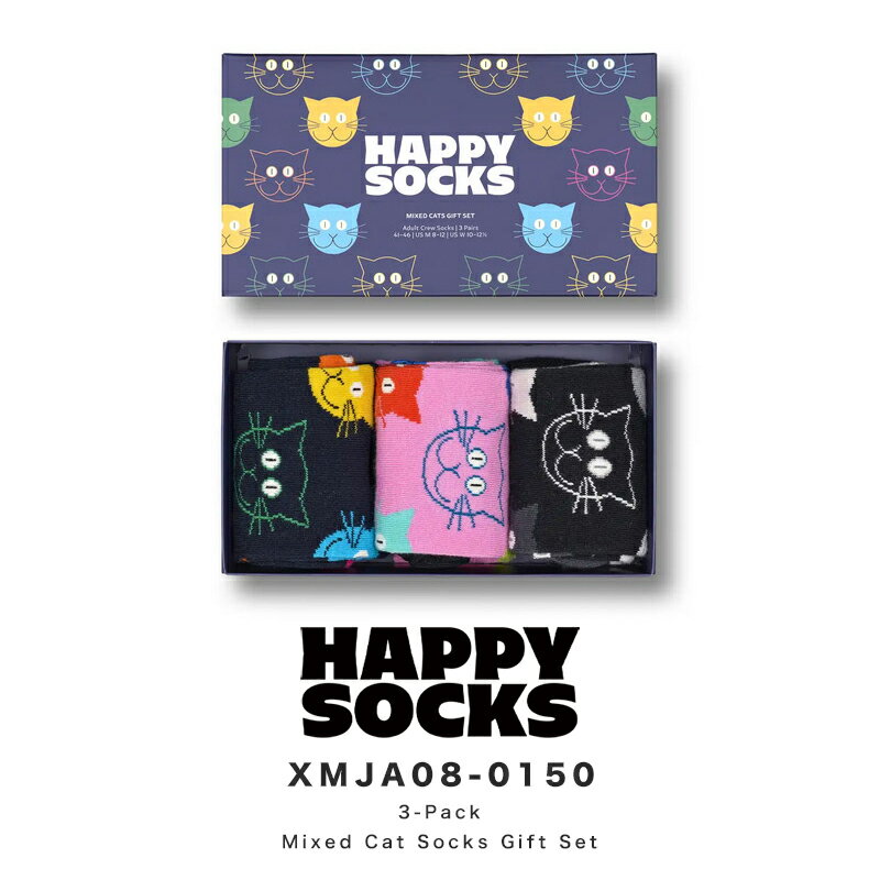 happy socks ハッピーソックス 靴下 レディース メンズ ブランド プレゼント かわいい おしゃれ 3足セット ギフトボックス クルー丈 ソックス くつ下 可愛い 綿混 カジュアル ビジネス 猫 キャ…