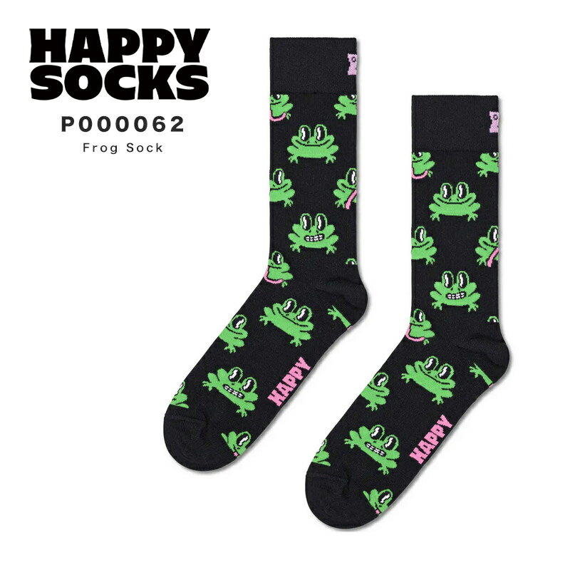 かわいいメンズ靴下 happy socks ハッピーソックス 靴下 レディース メンズ ブランド プレゼント かわいい おしゃれ クルー丈 ソックス くつ下 可愛い 綿混 カジュアル ビジネス カエル 総柄 ブラック 黒 ギフト 誕生日 Frog Sock P000062 2024 春 春夏 夏