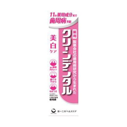 広告文責・販売事業者名:株式会社ビューティーサイエンスTEL 050-5536-7827商品名 クリーンデンタル 美白ケア 100g 医薬部外品 内容量 100g 商品詳細 製薬会社の歯周病研究から生まれた薬用歯みがき (1)11の薬用成分配合 歯周病予防 (2)歯周病と歯の黄ばみも予防 (3)ハーブミントフレーバー 効能・効果 歯槽膿漏(歯周炎)の予防、歯肉炎の予防、歯石の形成及び沈着を防ぐ、歯を白くする、タバコのヤニ除去、むし歯の発生及び進行の予防、口臭の発生の防止、口中を浄化する、口中を爽快にする 成分・分量 塩化ナトリウム、ポリエチレングリコール400、ゼオライト、ラウロイルサルコシン塩(LSS)、ポリビニルピロリドン、フッ化ナトリウム(フッ素)、ε-アミノカプロン酸、トコフェロール酢酸エステル(ビタミンE)、 β-グリチルレチン酸、塩化セチルピリジニウム(CPC)、イソプロピルメチルフェノール(IPMP) 用法・用量 適当量を歯ブラシにとり、歯及び歯ぐきをブラッシングします。 注意事項 発疹・発赤、かゆみ、はれ等の異常があらわれた場合には、使用を中止し、医師、歯科医師又は薬剤師に相談して下さい。 【保存方法】直射日光の当たらない涼しい所に保管して下さい。 備考 ※効果には個人差があります。 すべての方に効果を保証するものではありません。 ※パッケージデザイン等は予告なく変更されることがあります。 ※メーカー都合により商品のリニューアル・変更及び原産国の変更がある場合があります。 区分 医薬部外品 製造国・原産国 日本 発売元・販売元 第一三共ヘルスケア JANコード 4987107674067