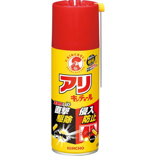商品名 アリキンチョール 300mL 内容量 300mL 商品説明 ●シロアリ、キクイムシ、クロアリの駆除に適したエアゾール式のアリ用殺虫剤スプレーです。●速効性がUPしました。(メーカー比)●直接噴射、侵入防止の両方に使えます。●侵入防止効果が長期間持続します。●アリの行列を阻止する効果もあります。●木材の割れ目、食害された小穴にも噴霧できる極細ノズル付です。●廃棄の際に便利なガス抜きキャップ付です。●ヒアリ、アルゼンチンアリにも効きます。※メーカーの都合により、パッケージ・仕様等は予告なく変更になる場合がございます。 成分 有効成分：ピレスロイド(d-T80-フタルスリン、ピレトリン、フェノトリン) 規格概要 【適用害虫】アリ、ヒアリ、アルゼンチンアリ、アミメアリ、ハチ、ゲジゲジ、ムカデ、シロアリ、キクイムシ、カメムシ、クモ、ケムシ、ワラジムシ、ユスリカ、チョウバエ、ガ、クビアカツヤカミキリ【使用方法】・直接噴射：害虫に直接噴射してください。・噴霧塗布：アリの侵入路、巣の入り口などに噴霧塗布してください。シロアリの付近の木材などへ薬剤が十分浸透するまで噴射してください。またシロアリが好むマツ、ヒノキ、スギなどを用いた土台、床板、壁板、柱などで、湿気の多い場所(風呂場、台所など)の木材全面に噴霧塗布してください。キクイムシに食害されやすいラワン、ナラ、キリ、ケヤキ、カシ、タケなどを用いた家具、壁板、戸、床板などに噴霧塗布してください。・噴射注入：木粉がこぼれている小穴や、シロアリが出てくる木材の割れ目などには専用のノズルに付け替えて噴射注入してください。【専用ノズルのつけかえ方】(1)容器のボタンを引き抜いてください。(2)容器のノズルに専用ノズルを先(噴射口)を軽く指でおさえて差し込んでください。※噴霧気体がかかる恐れがありますので、つけかえの際は噴射口を身体に向けないようにしてください。【便利なガス抜きキャップ付き】・火気のない屋外で人や植物等にかからないように行ってください。・大量に使い残した缶の廃棄方法は大日本除虫菊株式会社お客様相談室にお問い合わせください。・ボタンを取って、キャップ上部に差し込むと最後まで使い切ることが出来ます。キャップのくぼんでいる部分より、内容液が噴射されますので、注意してください。 サイズ 個装サイズ(幅×奥行×高さ)：120×40×210mm 注意事項 【使用上の注意】※お使いになる前に、使用方法と使用上の注意を必ずお読みください。＜使用に際しての注意＞・使用前に必ず製品表示を読み、十分理解した上で使用すること。・定められた使用方法を必ず守ること。・今までに薬や化粧品などによるアレルギー症状(例えば発疹・発赤、かゆみ、かぶれなど)を起こしたことのある人、喘息の症状がある人などは、使用前に医師又は薬剤師に相談すること。・魚に対して毒性があるので池や水槽などに噴霧粒子が入らないように注意すること。・皮膚、目、飲食物、食器、おもちゃ、ペット類(観賞魚、小鳥など)、飼料、植物、貴重品、美術品、楽器、電気製品などにかからないようにすること。・人体に向かって噴射しないこと。・塗装面、プラスチック、白木などは、予め目立たないところに噴射して、影響がないことを確かめたのち、使用すること。・家具、建具、カーテンなどの繊維製品などに薬剤が付着した場合、変色することがあるので、かからないように注意すること。・ハチ、ムカデ、ヒアリなどを駆除するときは、身体の露出部をできるだけ少なくするなど、刺されたり、かまれたりしないよう十分注意し、噴射後はすみやかにその場を離れること。＜使用中・使用後の注意＞・噴射中は噴射する人以外の人の入室を避け、噴射後は室内の空気が外気と入れ換わってから、入室すること。また、噴霧粒子を直接吸入しないこと。・薬剤が皮膚についたときは、石けんと水でよく洗うこと。目に入ったときは、直ちに水でよく洗い流すこと。・万一、身体に異常を感じたときは、本品がピレスロイド系の殺虫剤であることを医師に告げて、直ちに診療を受けること。・本剤使用後、乾くまでの間は滑りやすくなっているので、注意すること。・噴霧塗布面に雨や水がかかると効果が減少するため、再度噴霧塗布すること。・60秒以上連続噴射しないこと。【保管上の注意】・夏場の車内、ファンヒーターなどの周囲を避け、子供の手の届かない涼しいところに保管すること。・水まわりや湿気の多いところは、缶が錆びて破裂する危険があるので、置かないこと。専用ノズルを使用した場合は、元のボタンに付け替え、キャップをして保管すること。・キャップ、ボタン、専用ノズルは、なくさないよう注意すること。【廃棄上の注意】・捨てるときは、火気のない通気性のある屋外で、ガス抜きキャップを利用するか、噴射音が消えるまでガスを抜き、地域の規則に従って捨てること。【火気と高温に注意】・高圧ガスを使用した可燃性の製品であり、危険なため、下記の注意を守ること。(1)炎や火気の近くで使用しないこと。(2)火気を使用している室内で大量に使用しないこと。(3)高温にすると破裂の危険があるため、直射日光の当たる所や火気等の近くなど温度が40度以上となる所に置かないこと。(4)火の中に入れないこと。(5)使い切って捨てること。高圧ガス：LPG、DME 備考 ※パッケージデザイン等は予告なく変更されることがあります。 ※メーカー都合により商品のリニューアル・変更及び原産国の変更がある場合があります。 区分 雑貨 製造国・原産国 日本 製造販売元 大日本除虫菊 JANコード 4987115521162 広告文責・販売事業者名:株式会社ビューティーサイエンス TEL 050-5536-7827