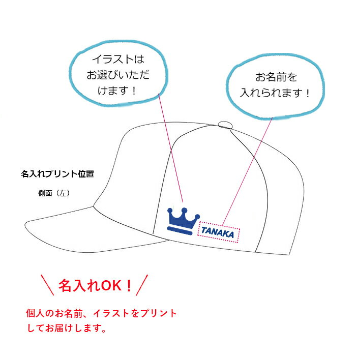 在庫あり ワンポイントがかわいい お好みのイラストがプリントできる名入れキャップ お誕生日プレゼントやギフトにも喜ばれます お散歩やジョギング用にもおすすめ 名入れができる コットンキャップ カジュアル ギフト イベント 卒業 卒園 チームグッズ オリジナル