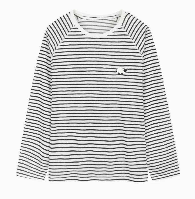 乐天商城 - [送料無料] BENETTON ベネトン ヒツジ刺繍リネンストライプTシャツ（2色） ブラック / ブルー 長袖 カジュアル 春 Tシャツ