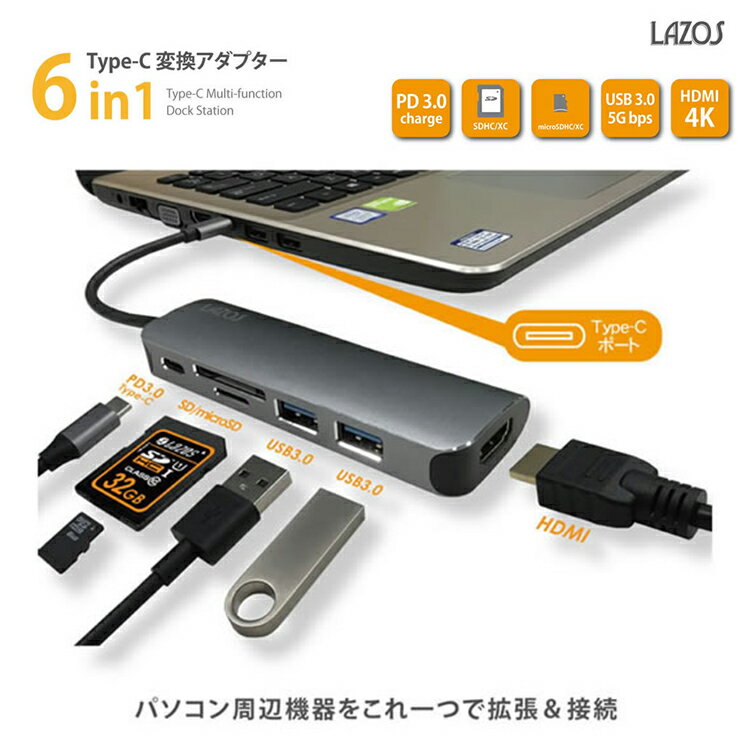 6in 1 HDMI Type-CѴץ 6in1 L-CD6 USB3.0 ϥ ®ž ɥå WindowsXP Linux10.04 MacOS ץ 1ǯݾ