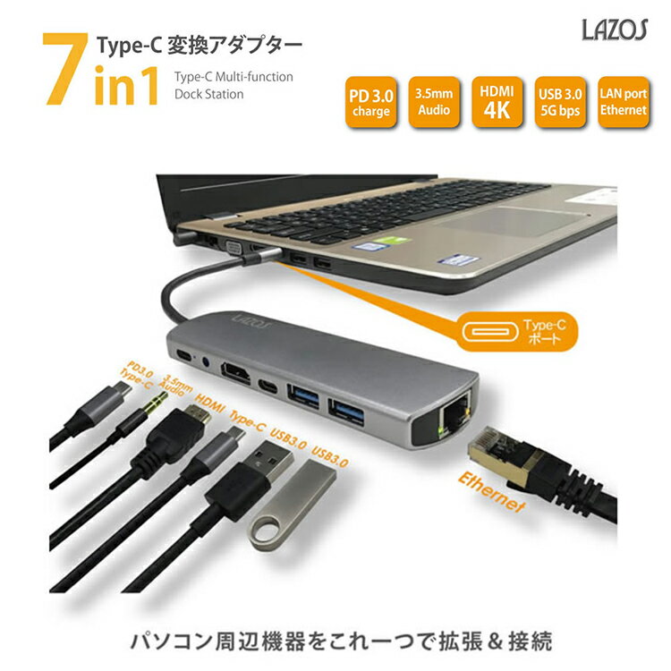 7in 1 HDMI Type-C変換アダプター 7in1 L-CD6 USB3.0 ハブ 高速転送 カードスロット WindowsXP Linux10.04 MacOS プロジェクター 1年保証