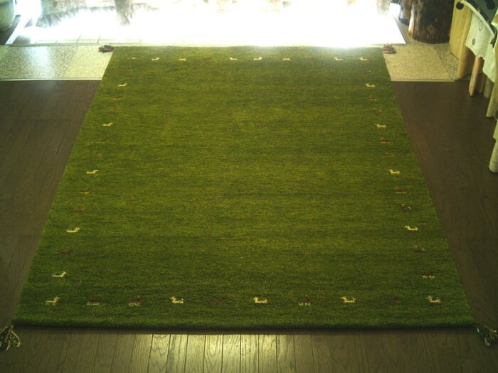 送料無料 WOOL100%全厚20mm 緑芝生草色 インド手織りギャッベ ラグ 200×250 約 3畳 ギャベ ギャッベ ラグマット 厚手 北欧 夏 カーペット 絨毯