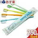 (あす楽対応)(ホテルアメニティ)(使い捨て歯ブラシ)(個包装タイプ)業務用 粉付き歯ブラシ x250本 (全5色から当店おまかせ) - 業務用歯ブラシ。磨き粉が付着しているので、すぐに使える便利な歯ブラシ。