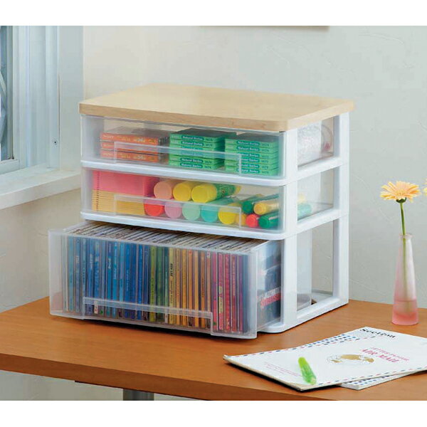 <<幅36.6×奥行26.3×高さ32.9cm>>A4サイズのクリアフォルダまで入る!スペースを有効活用!ウッドトップワイドテーブルチェスト WET-W421収...