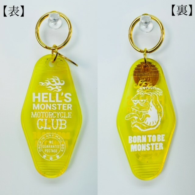 アメリカン雑貨　ハワイアン雑貨　キータグ　モーテルキー　キーホルダー　キーリング　ヘルズモンスターモーターサイクルクラブ　イエロースケルトン　鍵　雑貨
