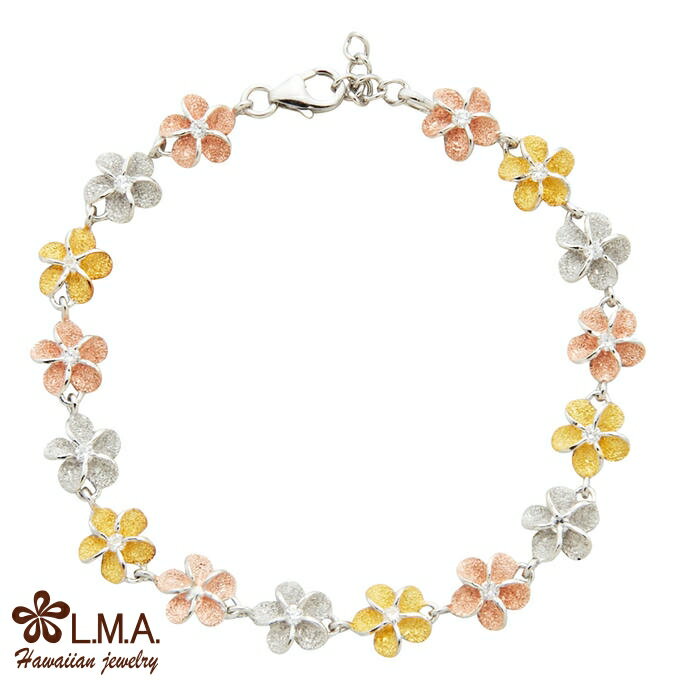 【P5+クーポン有】ハワイアンジュエリー ブレスレット バングル シルバー925 イエローゴールド ピンクゴールド ジルコニア プルメリア 花 花輪 レイ カラ...
