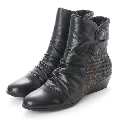 【アウトレット】カリシモアルテ Carissimo alte 本レザー＆ハリスツイードコンビ ボタンダウンデザイン ショートブーツ （ブラック）