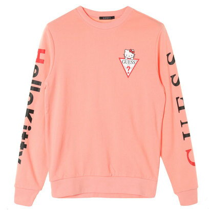 【アウトレット】GUESS x Hello Kitty SLEEVE LOGO CREW SWEAT （PINK）(ゲス × ハローキティ スリーブロゴクルースウェット)