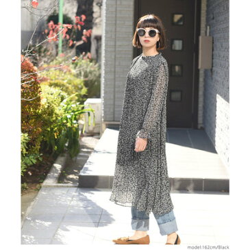 コカ coca 花柄細プリーツシフォンワンピース (Black)