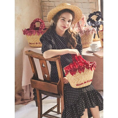 【アウトレット】Maison de FLEUR フリルハンドルリボンかごバッグ ネイビー
