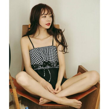 テディショップ teddyshop 水着 ビキニ+フリンジサロペット 3点セット (ブラック×チェック)【返品不可商品】