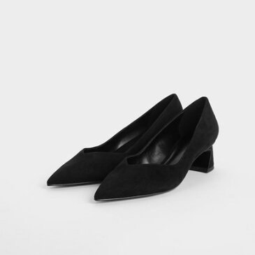 【アウトレット】【再入荷】Vカットカバード ブロックヒールパンプス / V-Cut Curved Block Heel Pumps (Black)