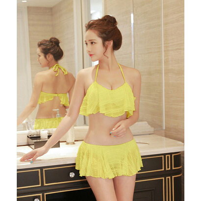 テディショップ teddyshop 水着 レディース シースルーレース スカート風ショーツ2点セット （イエロー）【返品不可商品】