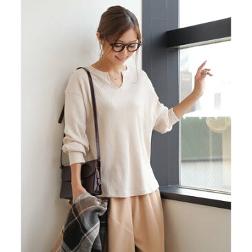 アンドミー and Me ワッフルキーネック長袖Tシャツ カットソー (ベージュ)