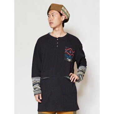 【チャイハネ】ネップヤーンカットソー MEN'Sロングトップス ブラック