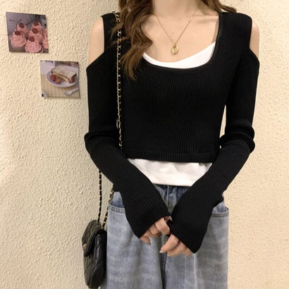 ロディック Rodic レディース トップス 春夏 SS リブニット リブ オフショルダー オフショル 肩だし 重ね着 レイヤード （ブラック）