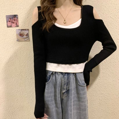 ロディック Rodic レディース トップス 春夏 SS リブニット リブ オフショルダー オフショル 肩だし 重ね着 レイヤード （ブラック）