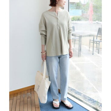 アンドミー and Me ワッフル長袖背中ボタン2wayリブ切替Tシャツ トップス (グリーン)