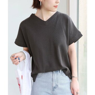 アンドミー and Me コットンワッフル半袖VネックTシャツ トップス (チャコールグレー)