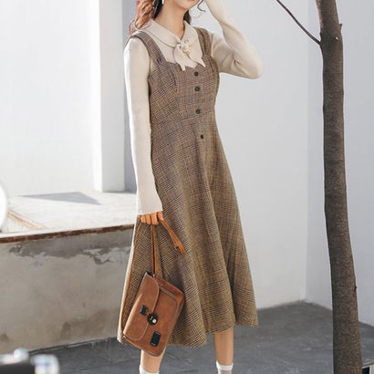 ミニミニストア miniministore グレンチェック ワンピース 秋冬 大人 ジャンパースカート ロング サロペット スカート チェック オールインワン （キャメル）のサムネイル