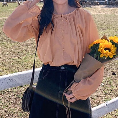 ジュノア JUNOAH フロントボタンクルーネックブラウス 韓国ファッション 春 夏 秋 韓国 トップス ブラウス （ピンク）のサムネイル