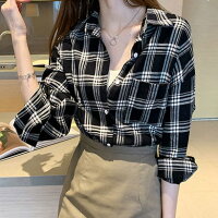 アミュレット Amulet チェック柄オーバーサイズシャツ レディース トップス 長袖 秋服 冬服 10代 20代 30代 韓国ファッション 韓国 大きいサイズ カジュアル 定番 着回し (ブラック)