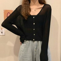 アミュレット Amulet シースルーカーディガン レディース 長袖 トップス アウター 春服 夏 10代 20代 30代 韓国ファッション Vネック ショート丈トップス シアー （ブラック）