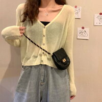 アミュレット Amulet シースルーカーディガン レディース 長袖 トップス アウター 春服 夏 10代 20代 30代 韓国ファッション Vネック ショート丈トップス シアー （イエロー）