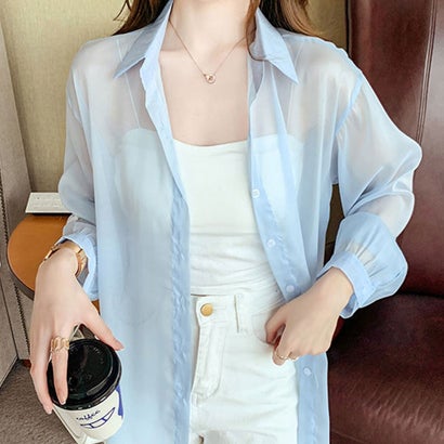 アミュレット Amulet シースルー長袖シャツ レディース トップス ブラウス 春 夏服 韓国ファッション 10代 20代 30代 オフィスカジュアル シアーシャツ 透け 大きい （ブルー）