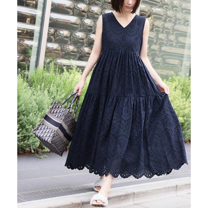 エルフランク ELFRANK 【綿100％使用】カットワーク刺繍ノースリーブVネックティアードロング丈ワンピース （ネイビー）のサムネイル
