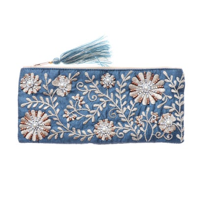 カンカン KANKAN ビーズ刺繍横長ポーチ （ブルー）