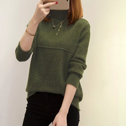 ジュノア JUNOAH ニット セーター 新作 タートルネック ボトルネック ハイネック切替ニットトップス （ダークグリーン）のサムネイル