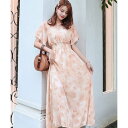 テディショップ Teddyshop レディース Vネック花柄ウエスト絞りふんわりロングワンピース (F:コーラルオレンジ)