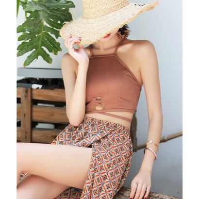 オシャレボ OSYAREVO 【ネット限定】ミューラル ハイネック ビキニ 3点セット 水着 セットアップ （テラコッタ×ミューラル）