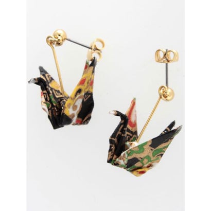 【カヤ】折り鶴 更紗ピアス ブラック