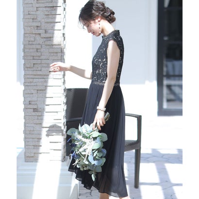 プールヴー PourVous 結婚式ワンピースドレスノースリーブとロングヴィンテージライクレース大きいサイズフォーマル パーティードレス 20代 30代 40代 （ブラック）