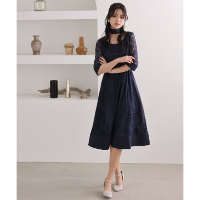 プールヴー PourVous フェミニンワンピースドレス大きいサイズミモレ丈&七分袖結婚式フォーマル ワンピース パーティードレス 20代 30代 40代 (ネイビー)