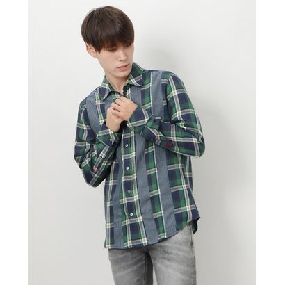 デシグアル Desigual タータンチェックとストライプのメンズシャツ (グリーン)
