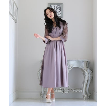 プールヴー PourVous レース切り替えパーティードレス大きいサイズロング&袖あり結婚式フォーマル ワンピース 20代 30代 40代 （ローズピンク）